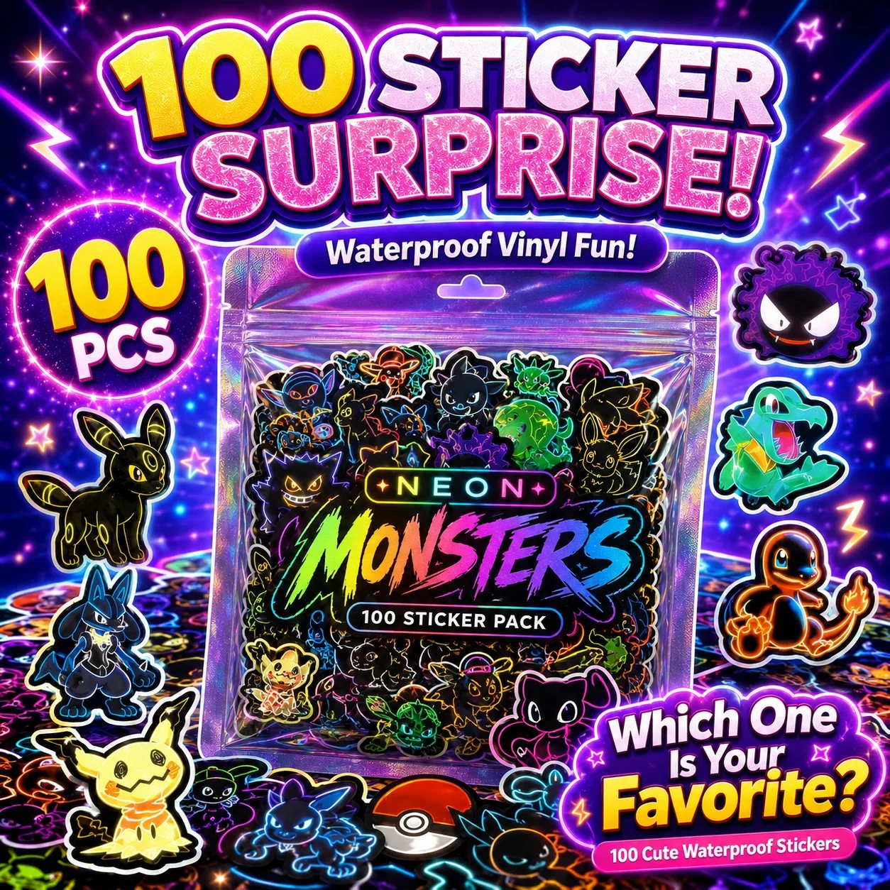 100 buah stiker Pokémon neon,  - Laptops ulasan dan harga